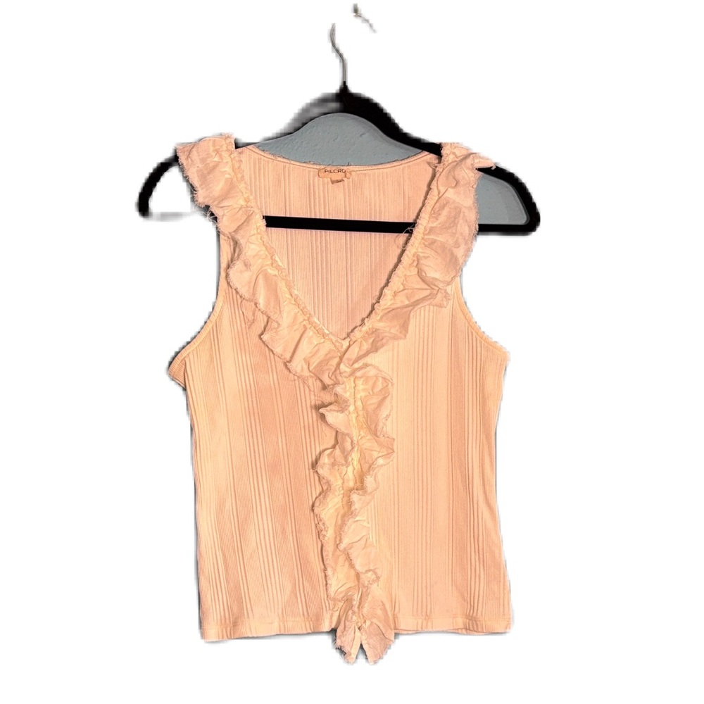 Pilcro Anthropologie Ruffled White Distressed Sleeveless Blouse Size L